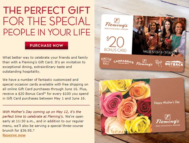 Fleming's Steakhouse Free 20 Gift Card Deal when you